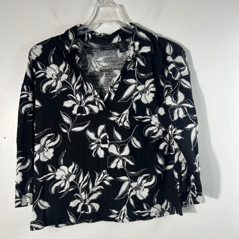 Tahari Womens Black White Floral 100% Linen V-Neck 3/4 Sleeve Top Large
